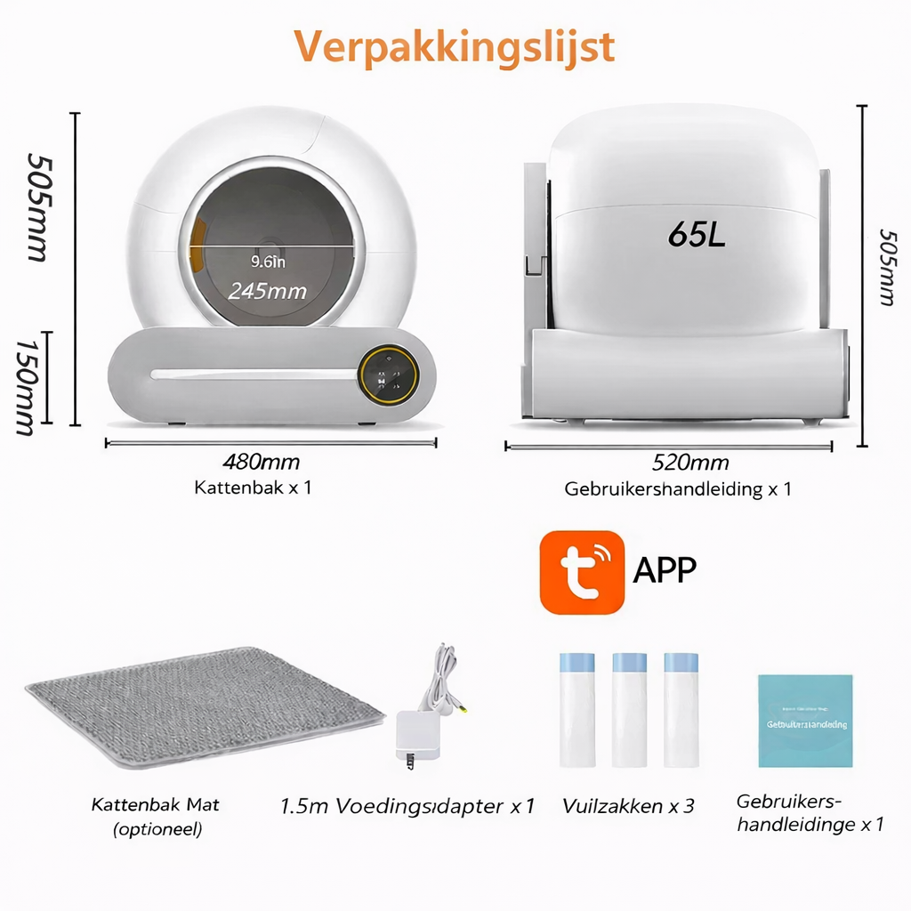 Slimme Zelfreinigende Kattenbak – Extra Groot (65L) met App-bediening