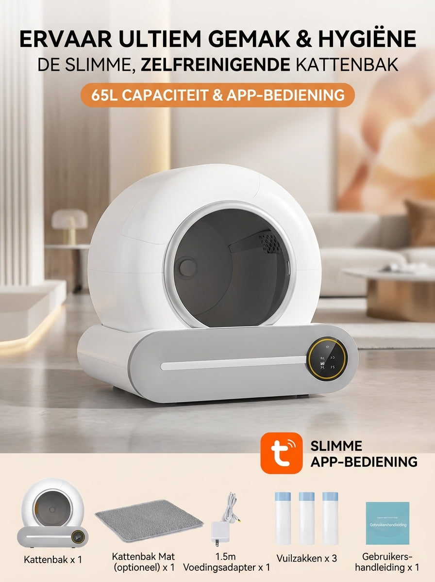 Slimme Zelfreinigende Kattenbak – Extra Groot (65L) met App-bediening
